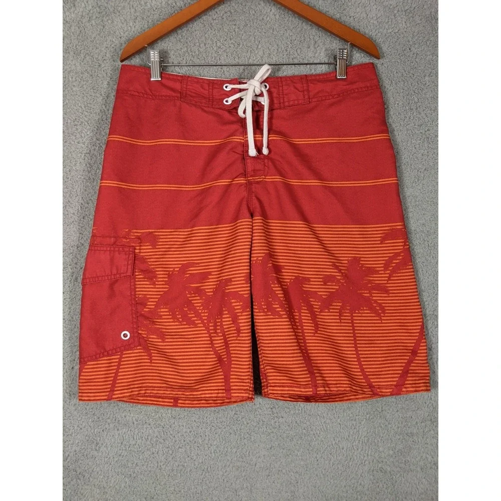 Old Navy Swim Board Shorts Mens M Red Orange Tropical Beach Surfer Y2K Skater